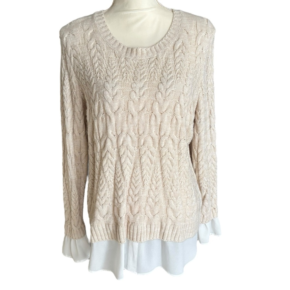 Elle Cream Cable Knit Sweater Faux Layer Ruffle Cuffs and Hem